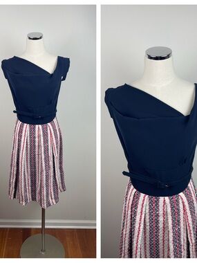 Eva Franco Navy Blue Red White Midi Dress Draped Bodice With Belt Size 8